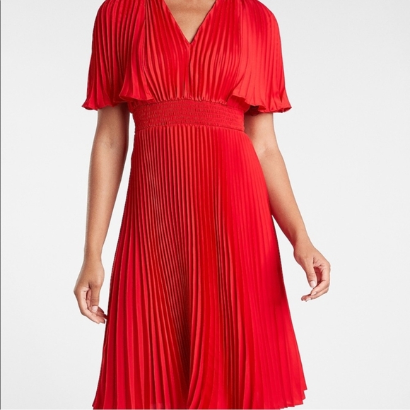 Express Red Pleated Midi Sundress V-Neck - Picture 2 of 11